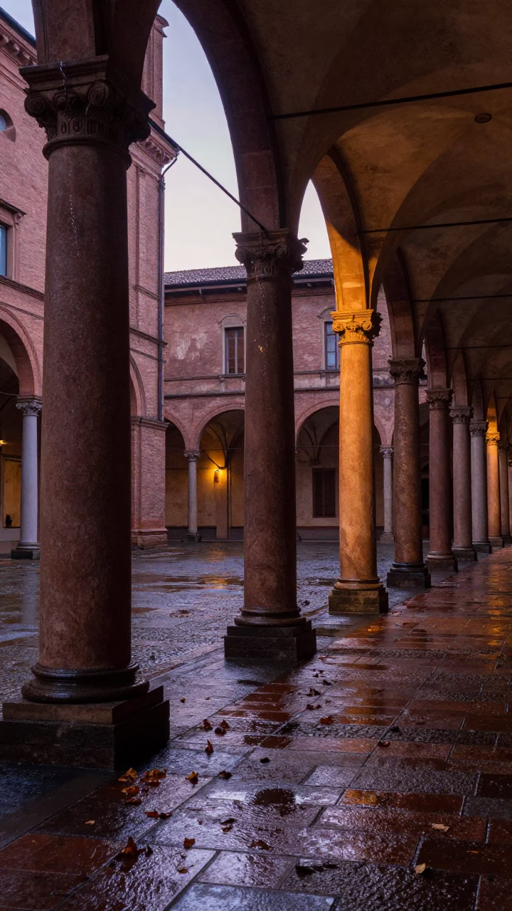 Between Columns in Bologna at Nautical Dawn Light in in Bologna, Italy