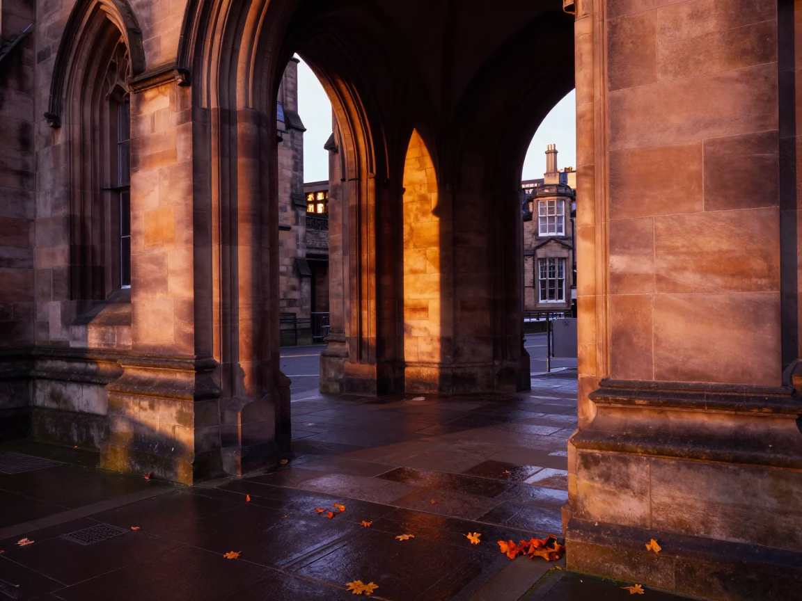 Between Columns in Edinburgh at Copper-toned Light Before Dusk in in Edinburgh, United Kingdom