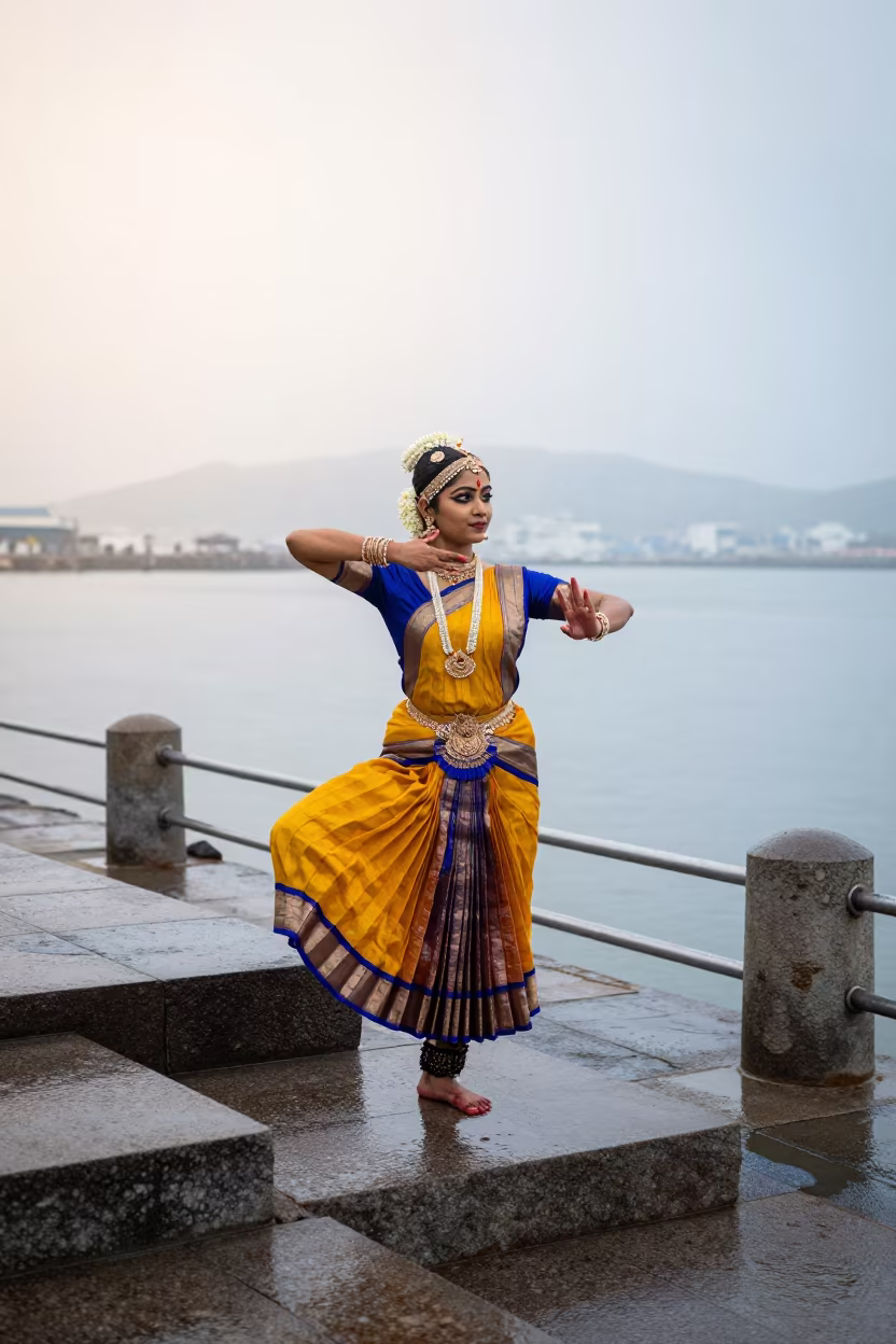 Bharatanatyam Dancer Aramandi Pose Incheon Harbor in at a harbor edge in Incheon