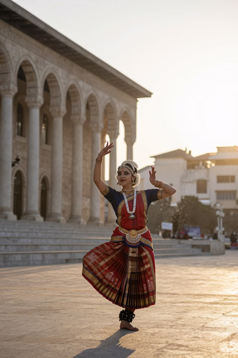 Bharatanatyam Dancer at Dawn in Latakia Square in at a public square in Latakia