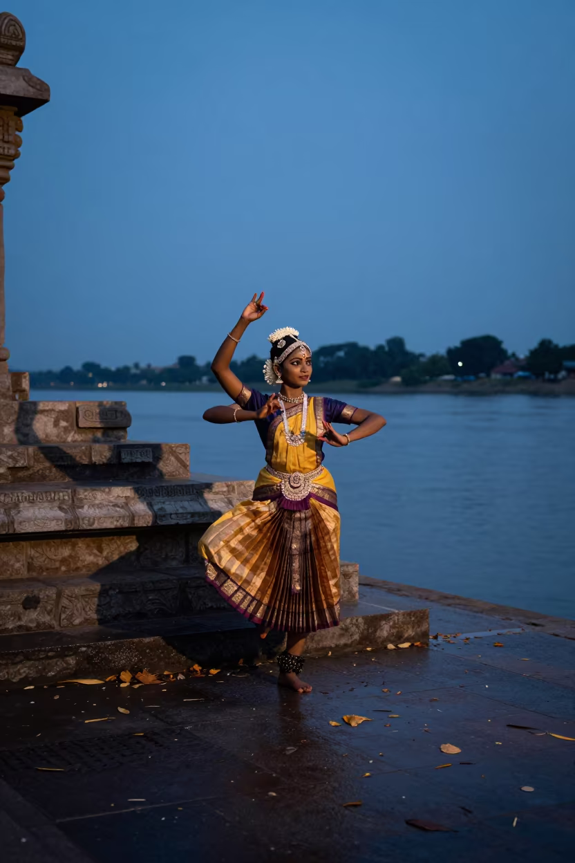 Bharatanatyam Dancer on Lagos Temple Steps Blue Hour in near a riverside landing in Lagos