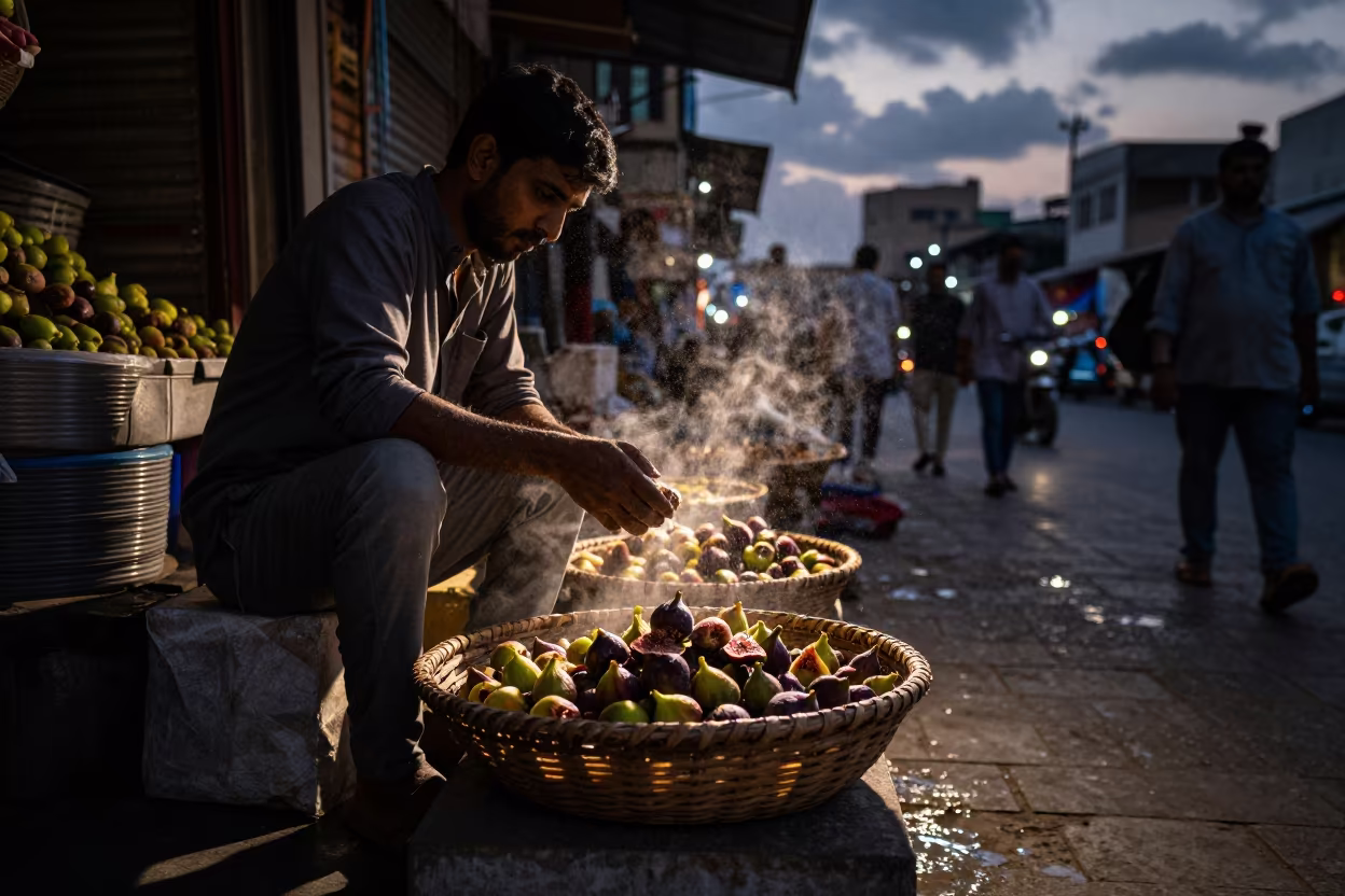 Bharuch Market Stallholder Dusting Fresh Figs in in a covered bazaar aisle in Bharuch