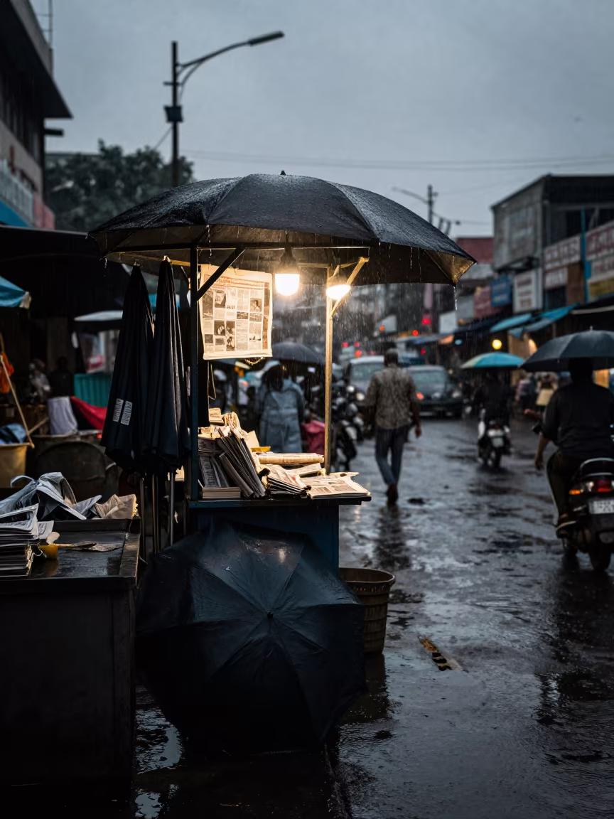 Bhopal Newspaper Stand Silhouetted Under Rain in along a market-lined side street in Bhopal