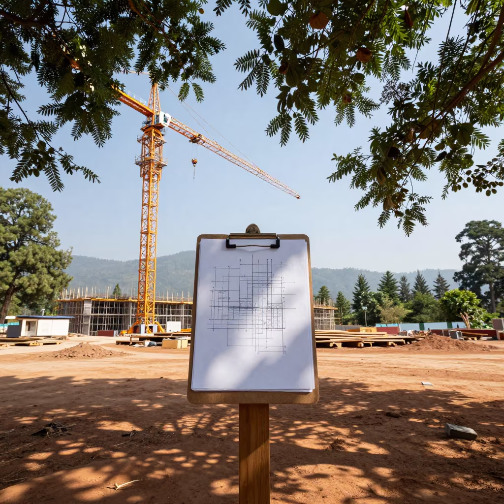 Bhutan Lift Plan Clipboard Under Crane Midday in beneath a tower crane on open ground in Bhutan