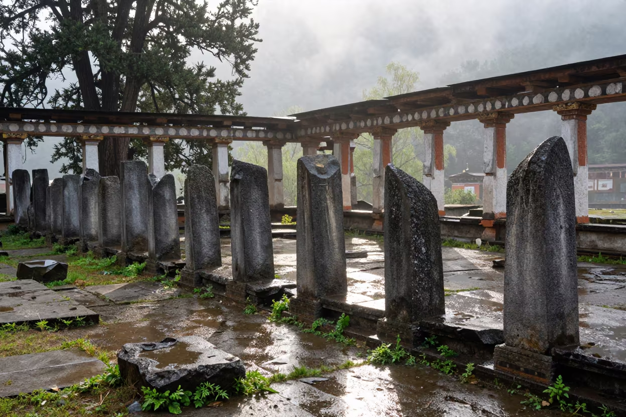 Bhutan Ruin Cloister Pearl Fog Late Spring in among toppled columns and nettles in Bhutan
