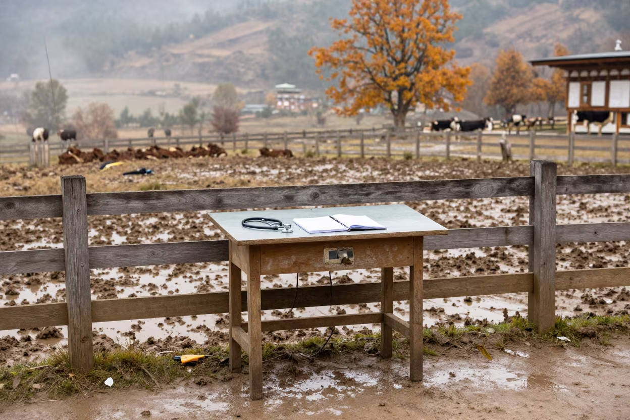 Bhutanese Calving Desk by Autumn Fog in along a muddy paddock fence in Bhutan