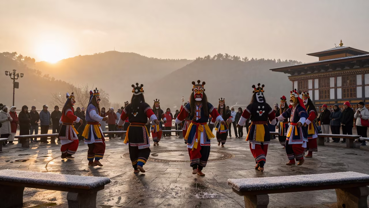 Bhutanese Dancers in Windsor Square at Dusk in at a public square in Windsor