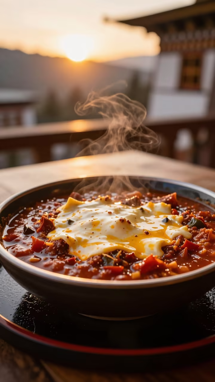 Bhutanese Ema Datshi on Lacquered Tray in on a lacquered tray in Tegucigalpa