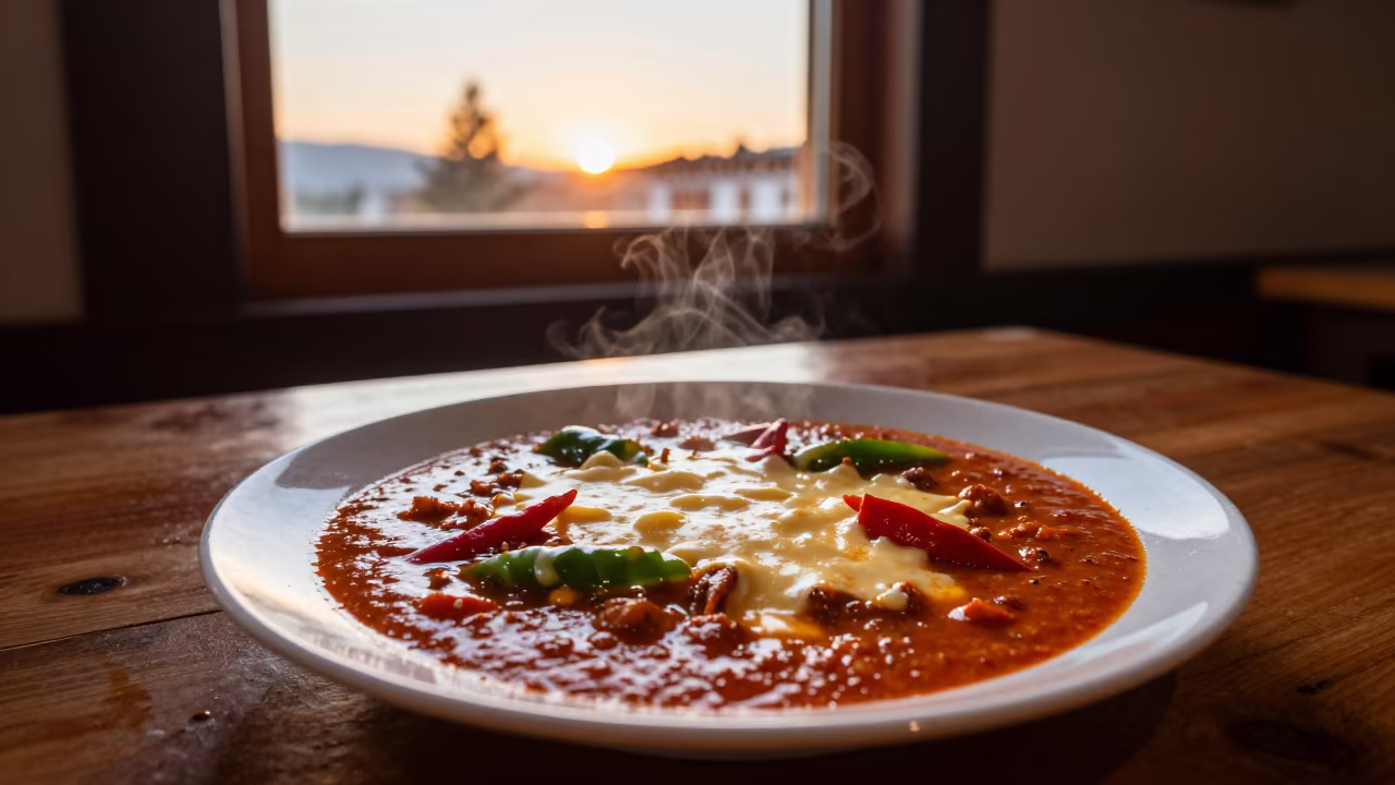 Bhutanese Ema Datshi Stew in Autumn Window Light in on a restaurant table in St. Catharines