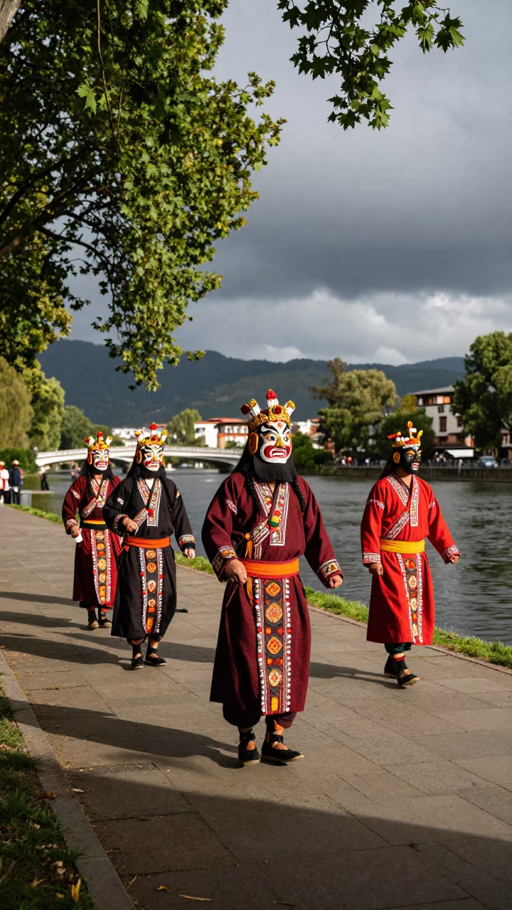 Bhutanese Tshechu Dancers in Bermondsey Riverside in near a riverside landing in Bermondsey, London