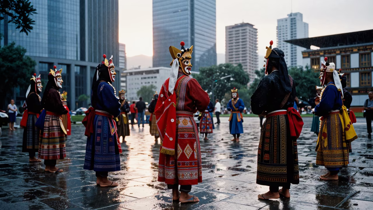 Bhutanese Tshechu Dancers at Puerto Madero Dawn in near Puerto Madero, Buenos Aires