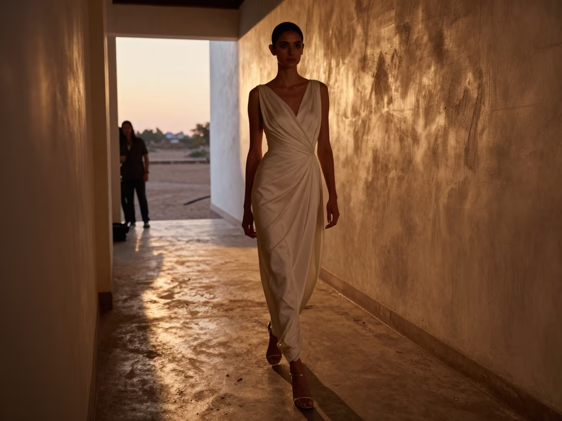 Bias Gown on Dress Form Under Sunset Light in in a backstage changing corridor in Nizamabad