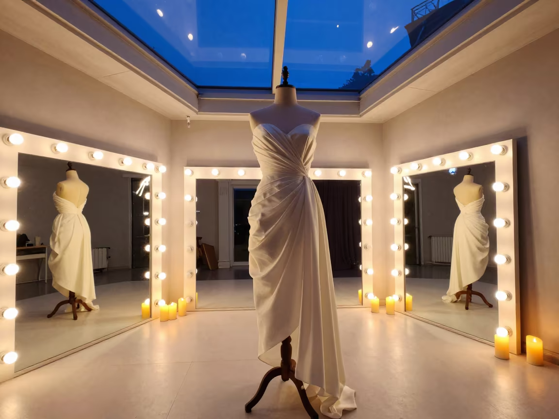 Bias Gown on Dress Form in Trabzon Atelier in beside a mirror lined with makeup bulbs near Trabzon