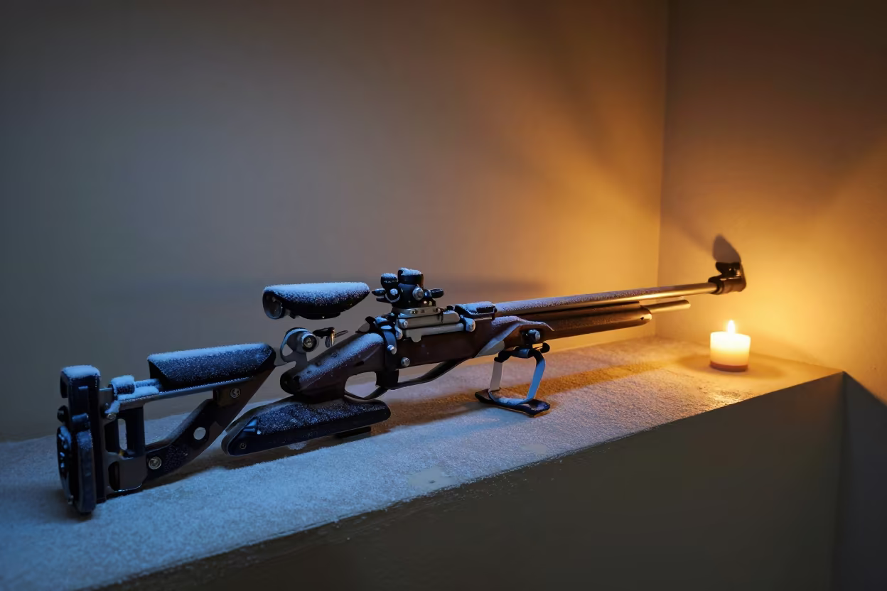 Biathlon Rifle with Frost on Candlelit Display in on a painted display ledge in Fuzhou