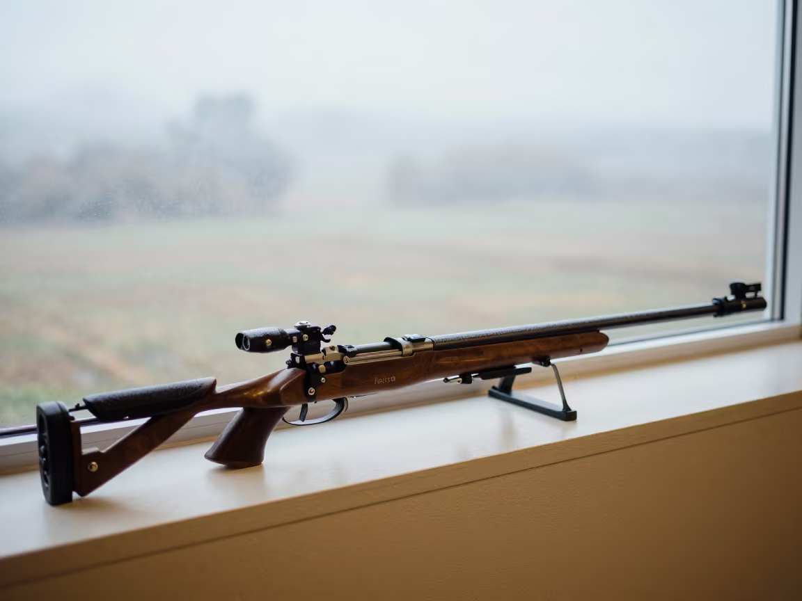 Biathlon Rifle with Frost on Display Ledge in on a painted display ledge near Bujumbura