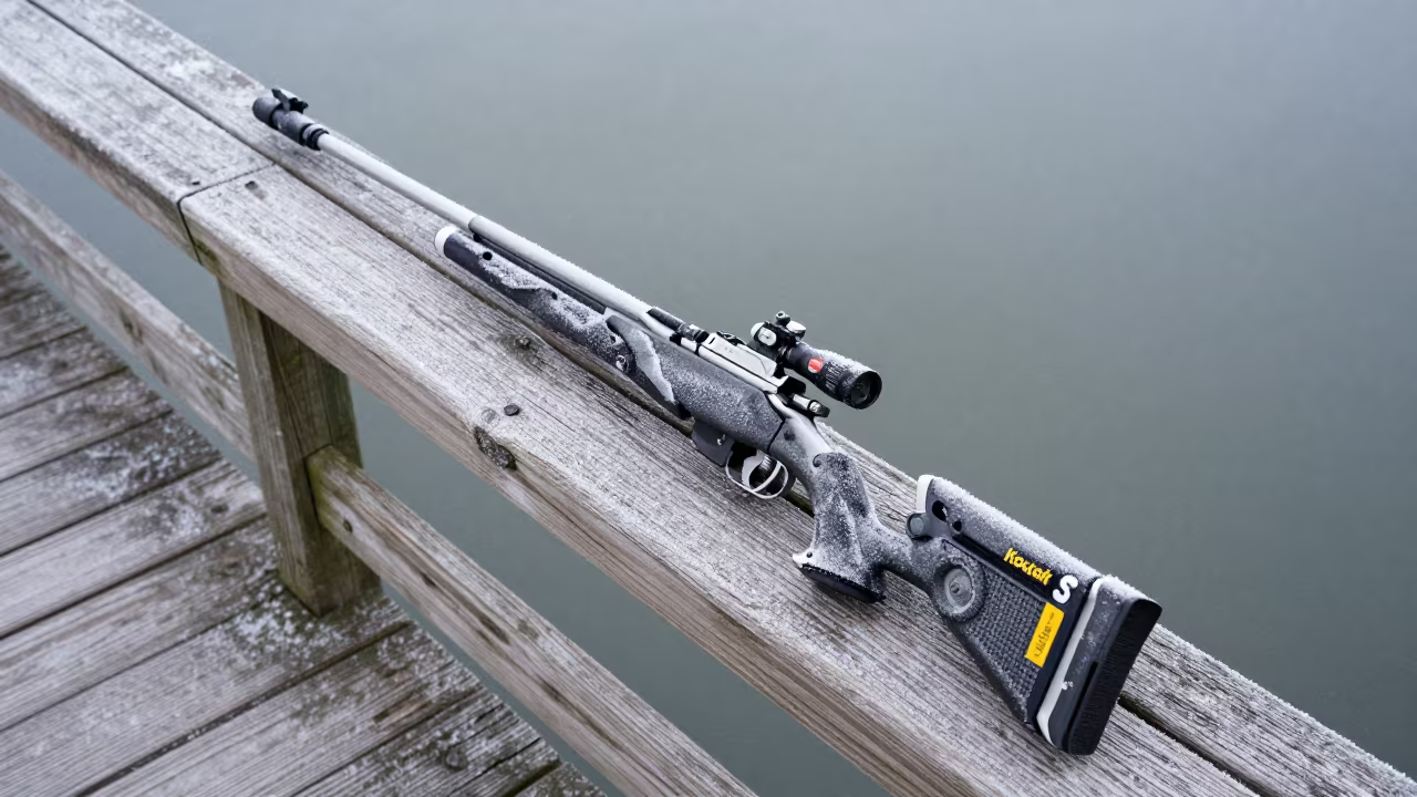 Biathlon Rifle on Pier Railing Frosty Tekirdağ in on a pier railing in Tekirdağ