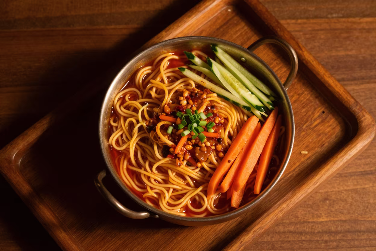 Bibim Guksu Spicy Noodles Bhagalpur Tea House in on a tea house tray in Bhagalpur