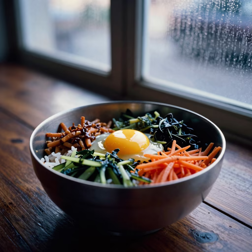 Bibimbap Bowl Raw Egg Maracaibo Morning Light in on a rustic wooden table in Maracaibo