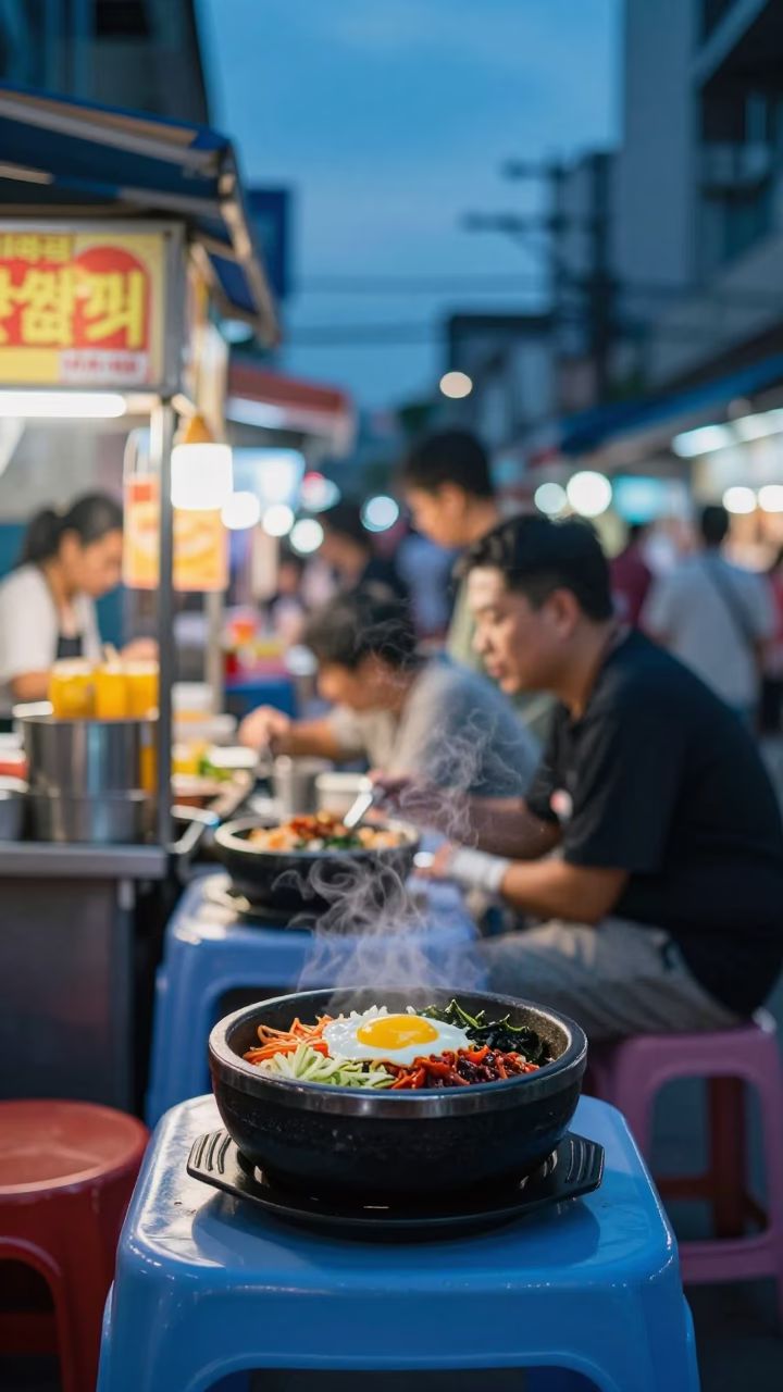 Bibimbap Sizzling at The Last Blue Light Of Evening in Bangkok in in Bangkok, Thailand