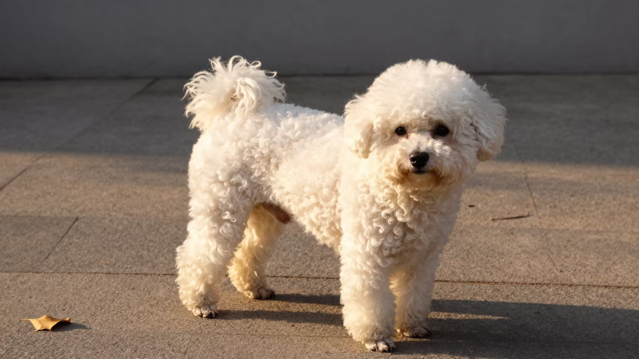 Bichon Frise on Ondjiva Park Path in beside a plain courtyard wall in clear daylight with the animal at eye level in Ondjiva