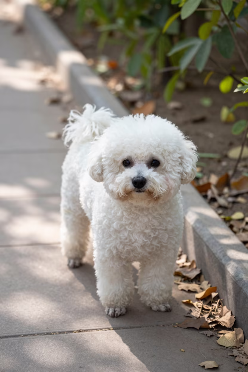 Bichon Frise on Park Path in Rawalpindi Morning Light in near a garden edge with soft morning light and an uncluttered background near Rawalpindi
