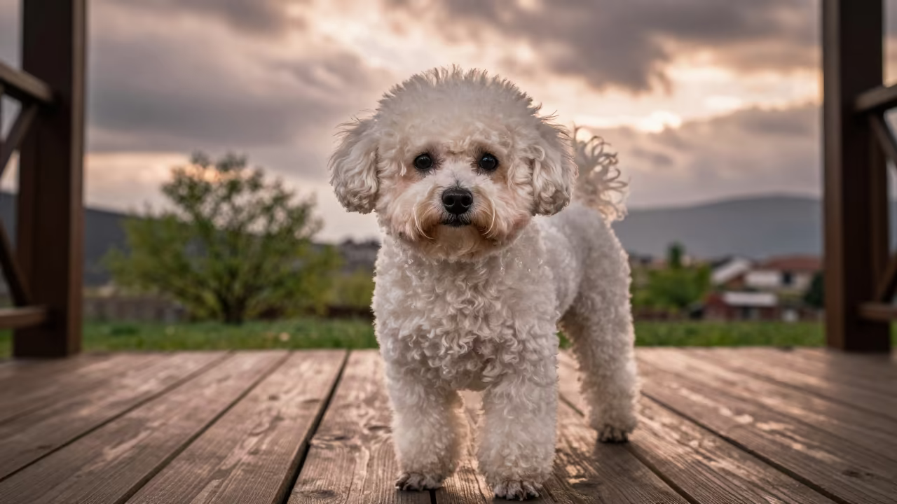Bichon Frise Portrait on Çanakkale Porch in on a shaded front porch with boards, railings, and eye-level framing near Çanakkale