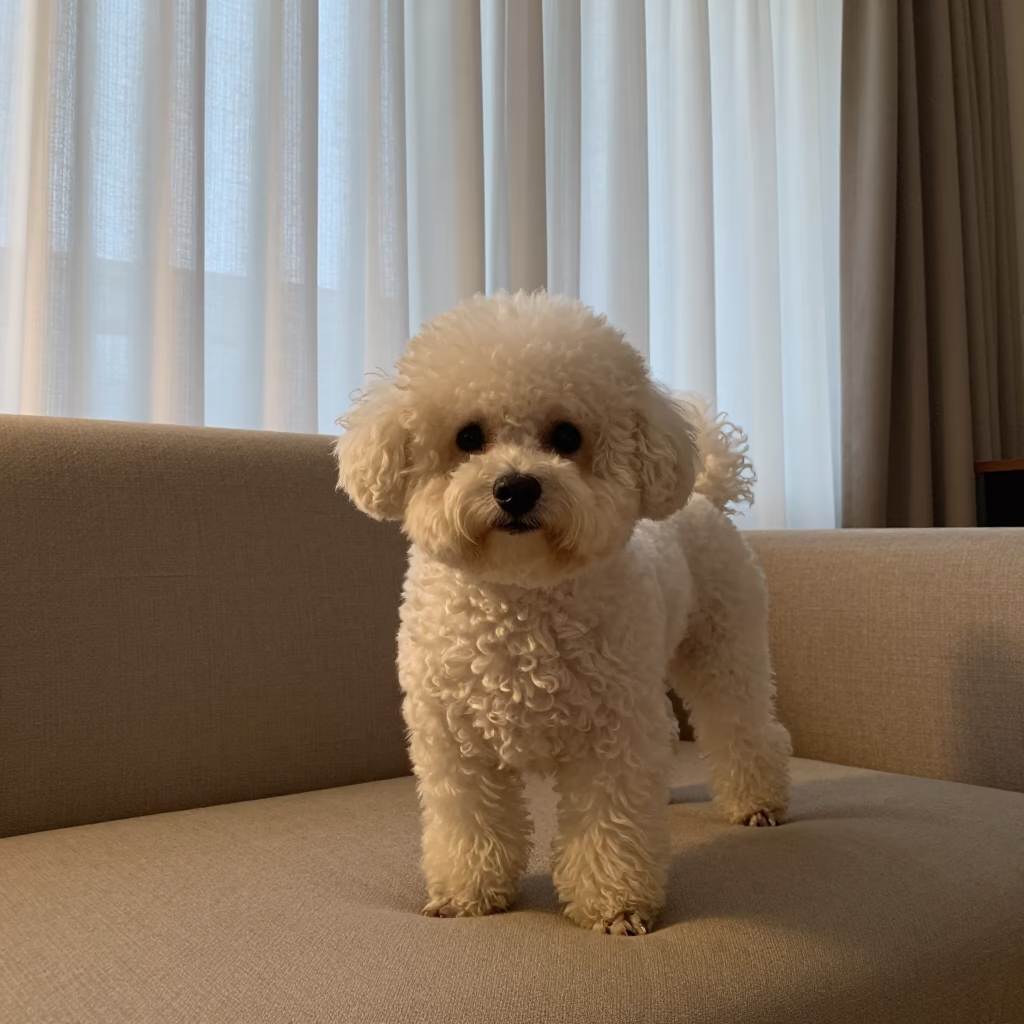 Bichon Frise Portrait on Munich Sofa in on a sofa near a curtained window with calm indoor light in Munich