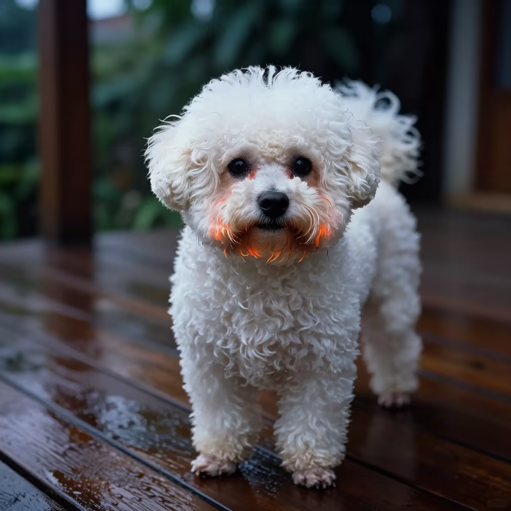 Bichon Frise Portrait on Shaded Bandung Porch in on a shaded front porch with boards, railings, and eye-level framing in Bandung