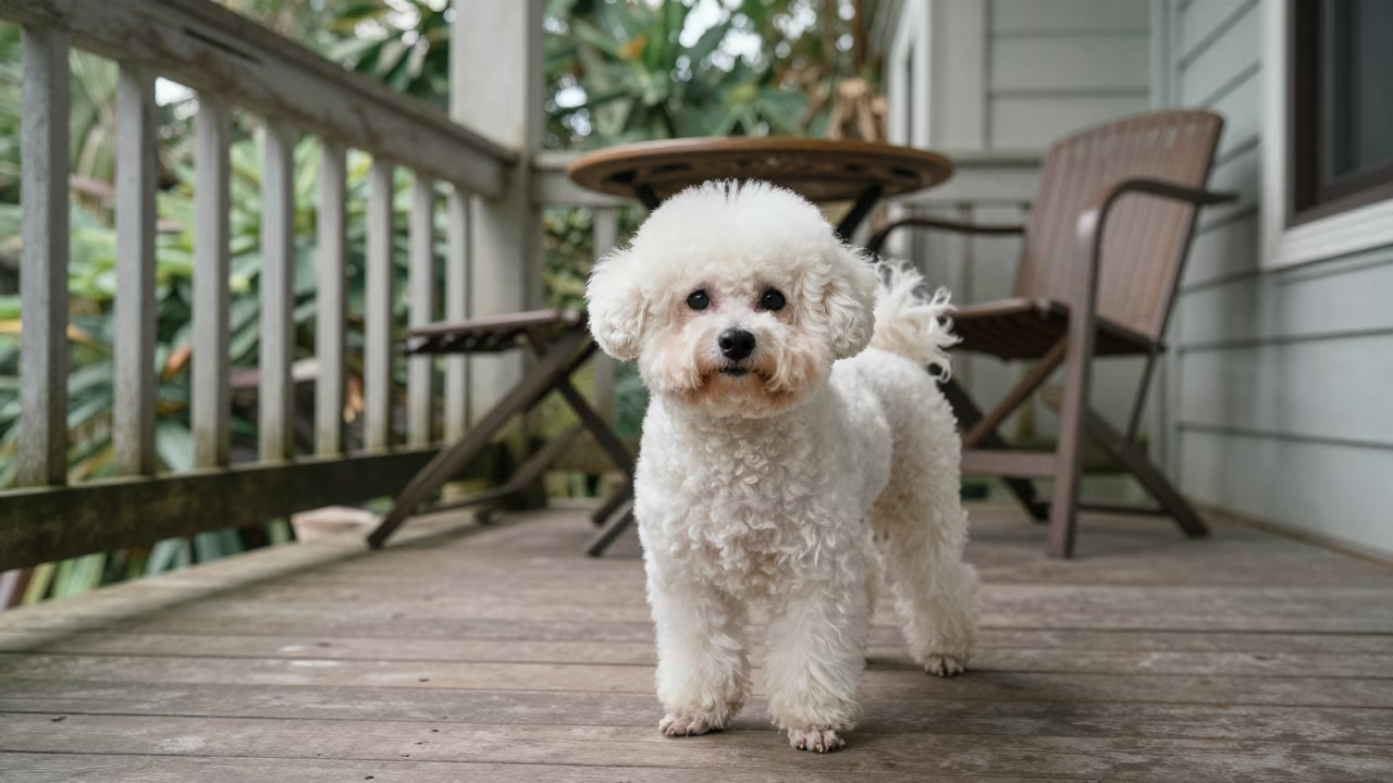 Bichon Frise Portrait on Shaded Ica Porch in on a shaded front porch with boards, railings, and eye-level framing near Ica