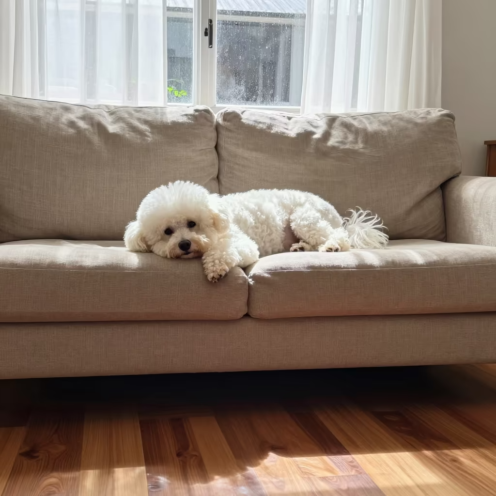 Bichon Frise Resting on Linen Sofa in Francistown Light in on a linen sofa with daylight from a nearby window near Francistown