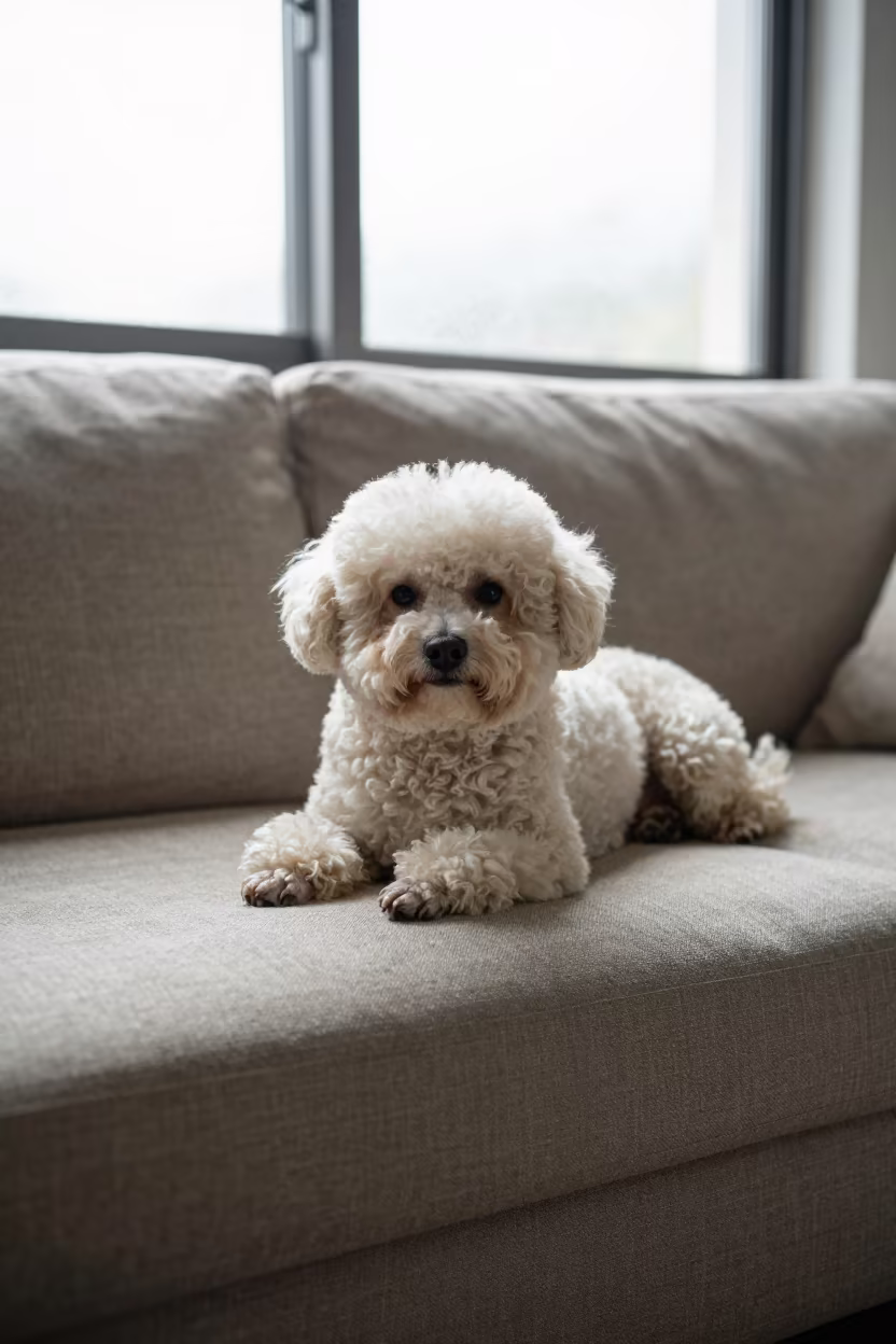 Bichon Frise Resting on Linen Sofa in Lima Morning in on a linen sofa with daylight from a nearby window near Callao, Lima