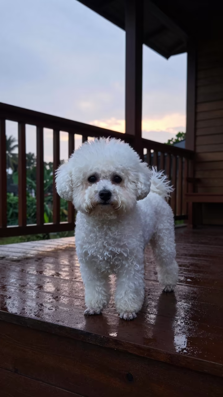 Bichon Frise Silhouette on Kolkata Porch in on a shaded front porch with boards, railings, and eye-level framing in Kolkata