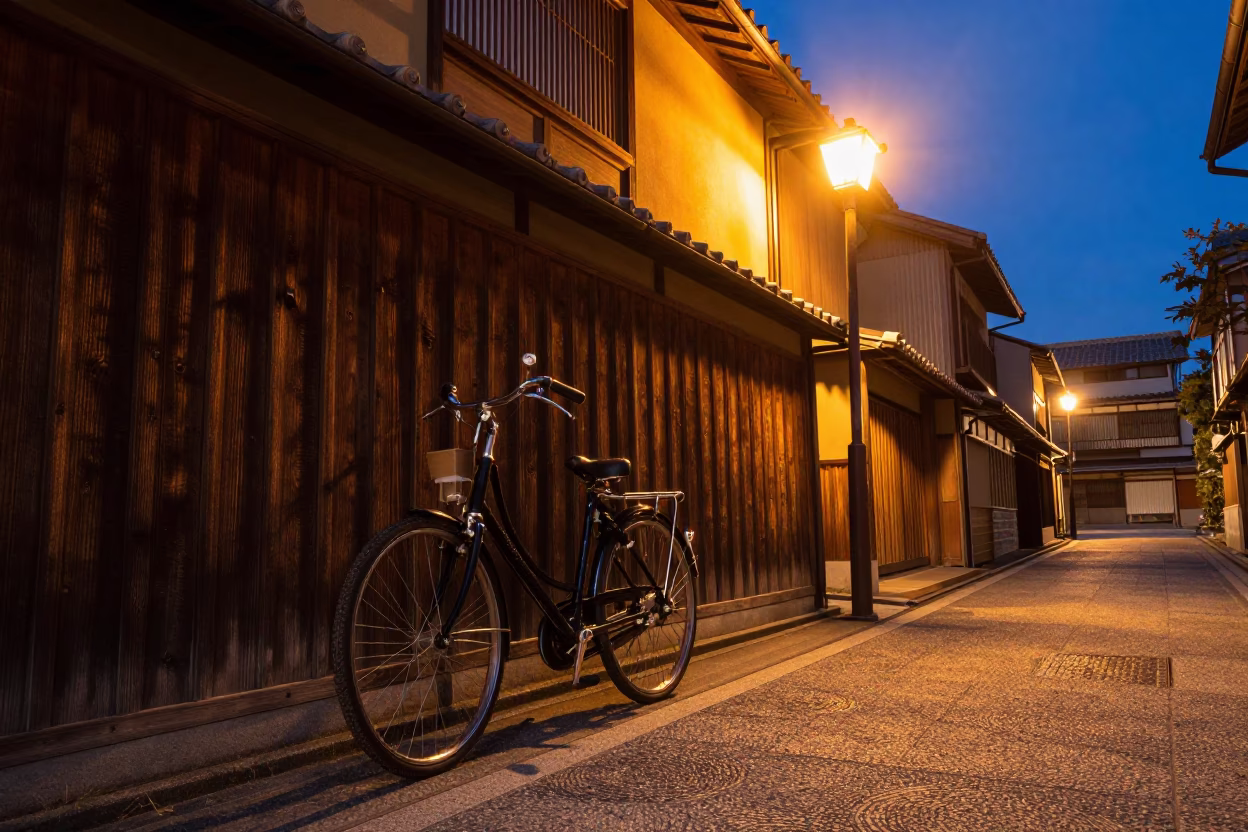 Bicycle after dark in Kyoto in in Kyoto, Japan