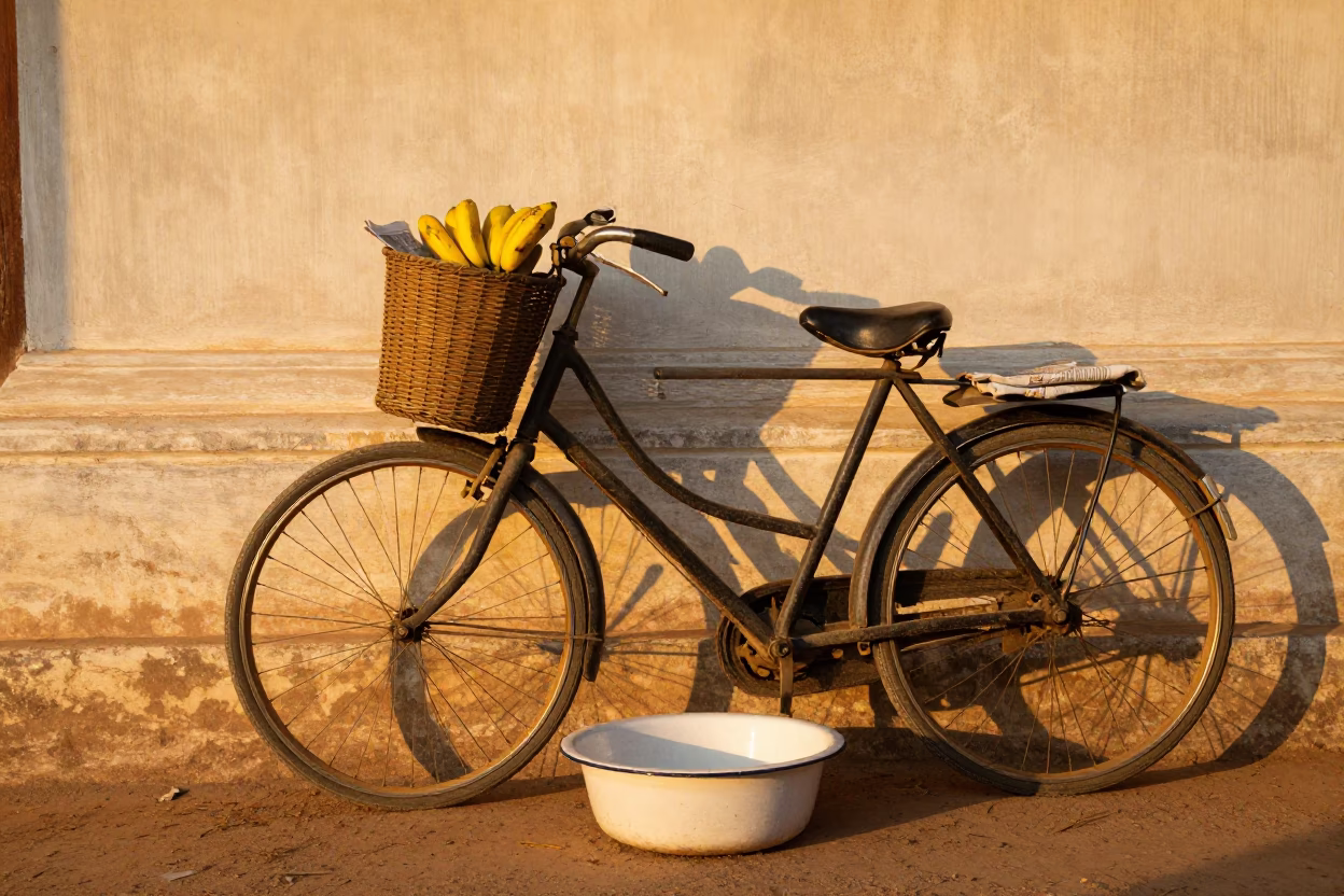 Bicycle Basket and Wash Basin in Luang Prabang Evening Light in in Luang Prabang, Laos