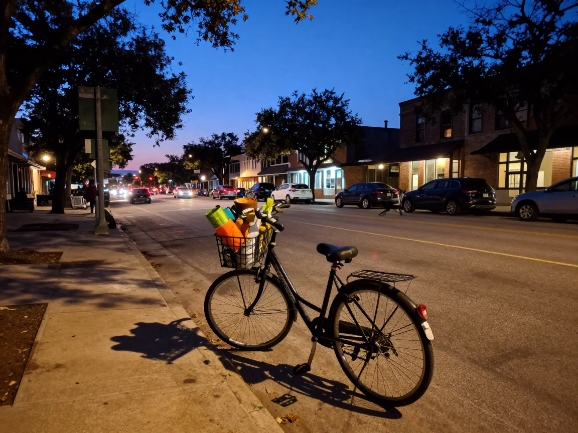 Bicycle Basket in Austin at Indigo Twilight After Sunset in in Austin, Texas, United States