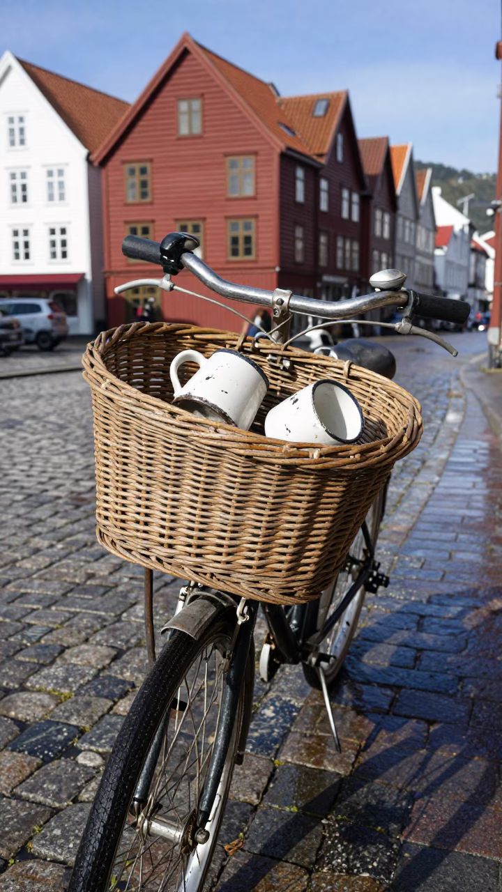Bicycle Basket in Bergen at Midday Light in in Bergen, Norway