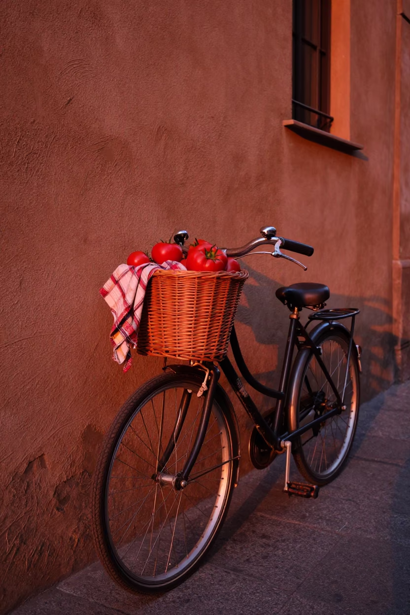 Bicycle Basket in Bologna at Copper-toned Light Before Dusk in in Bologna, Italy