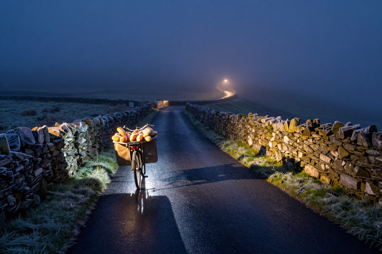 Bicycle with Bread on Irish Foggy Night in along a switchback approach in Ireland