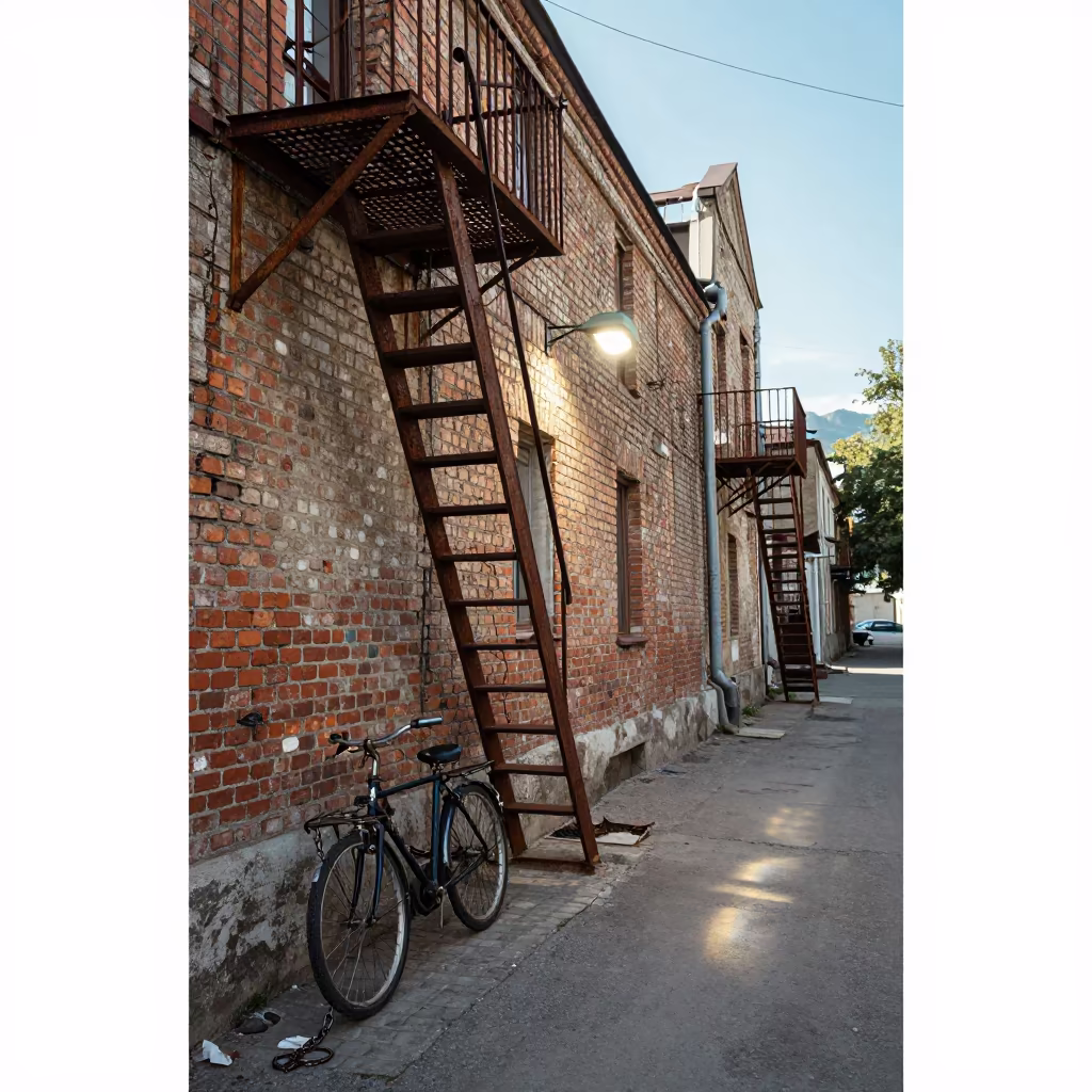 Bicycle Chained to Fire Escape in Kyiv Alley in beneath a flickering underpass light in Kyiv