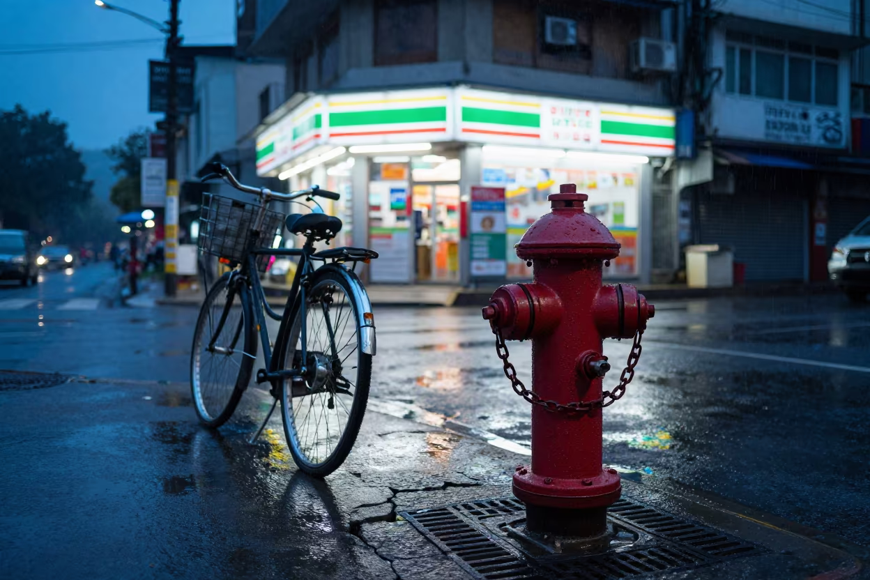 Bicycle Chained to Hydrant in Dehradun Monsoon Twilight in outside a fluorescent convenience store in Dehradun