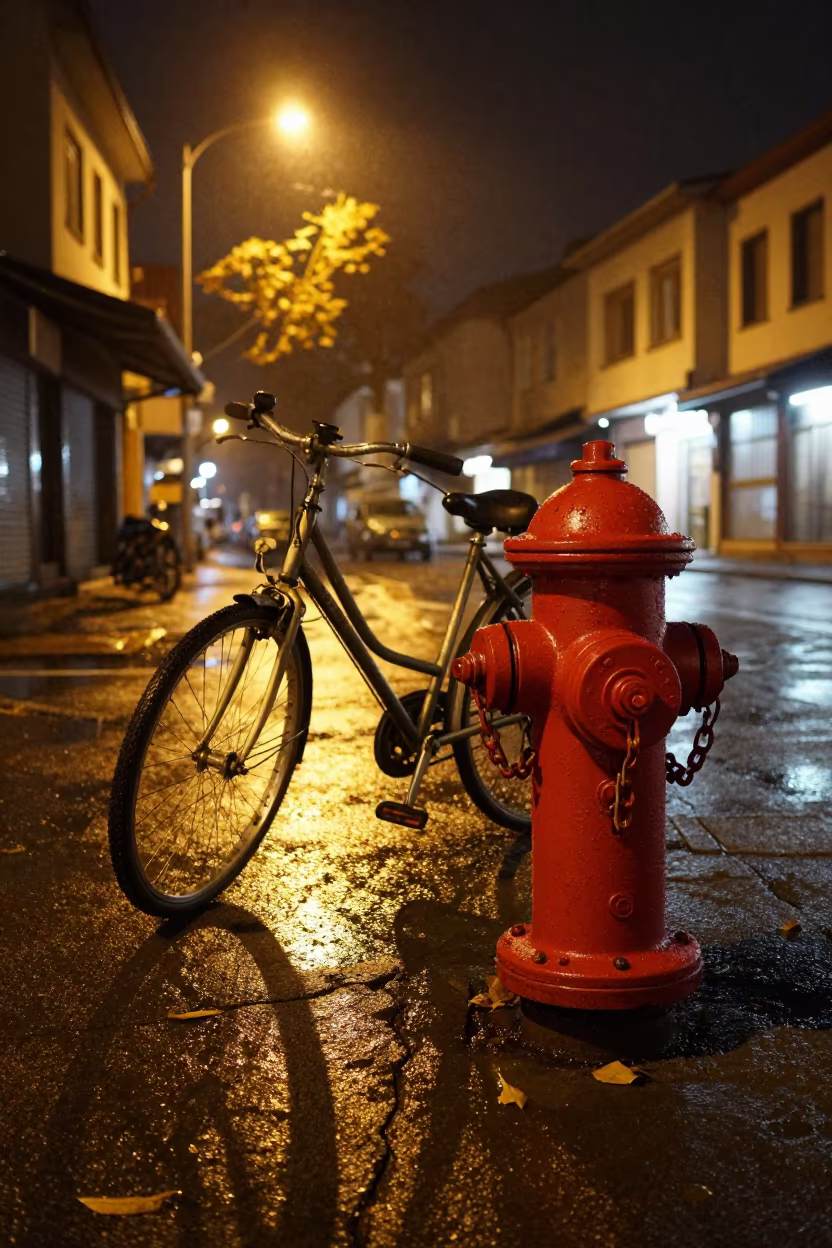 Bicycle Chained to Hydrant Midnight Eskişehir in along a market-lined side street in Eskişehir