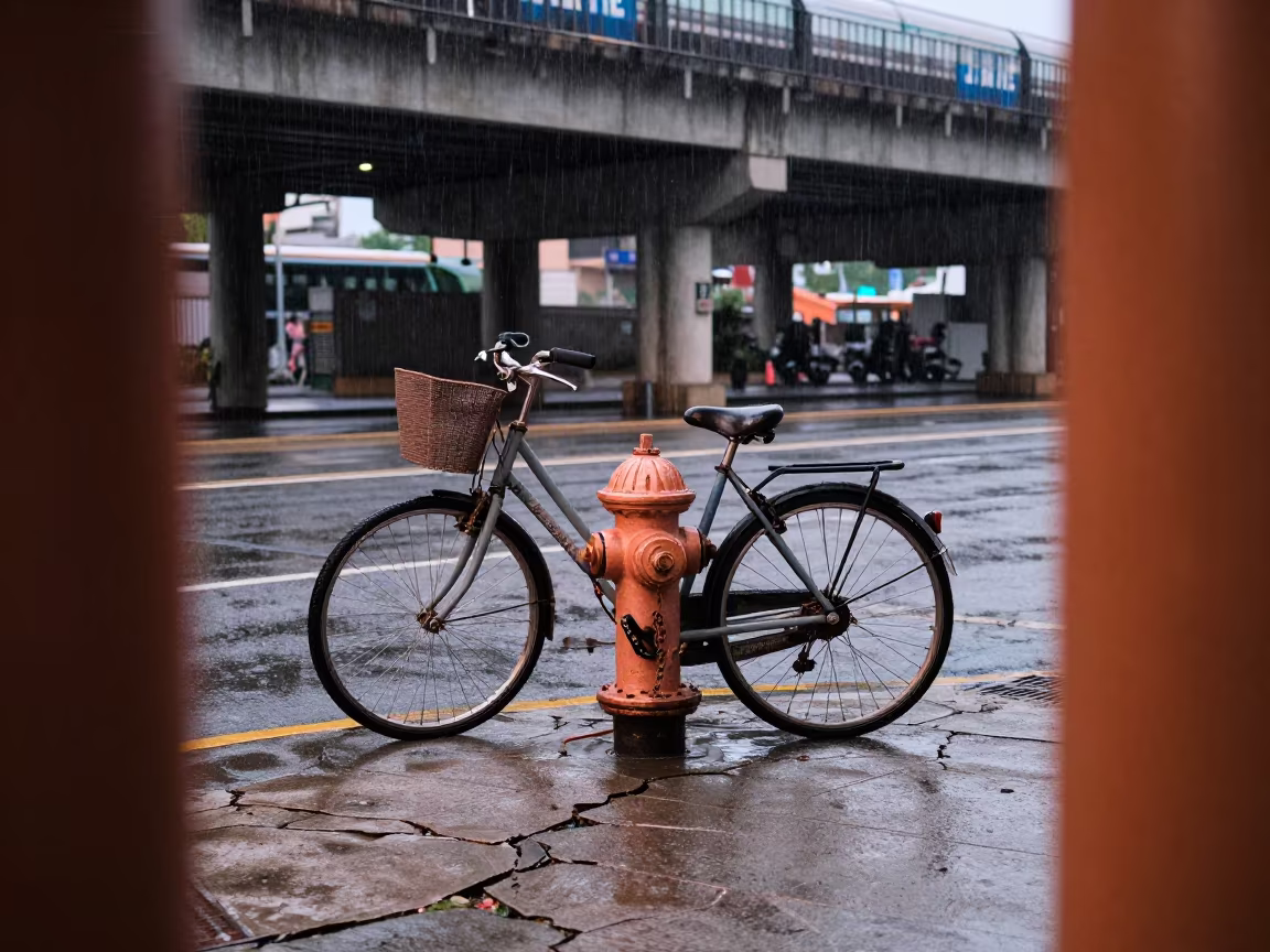 Bicycle Chained to Hydrant Under Train Tracks in under an elevated train line in Saint-Marc