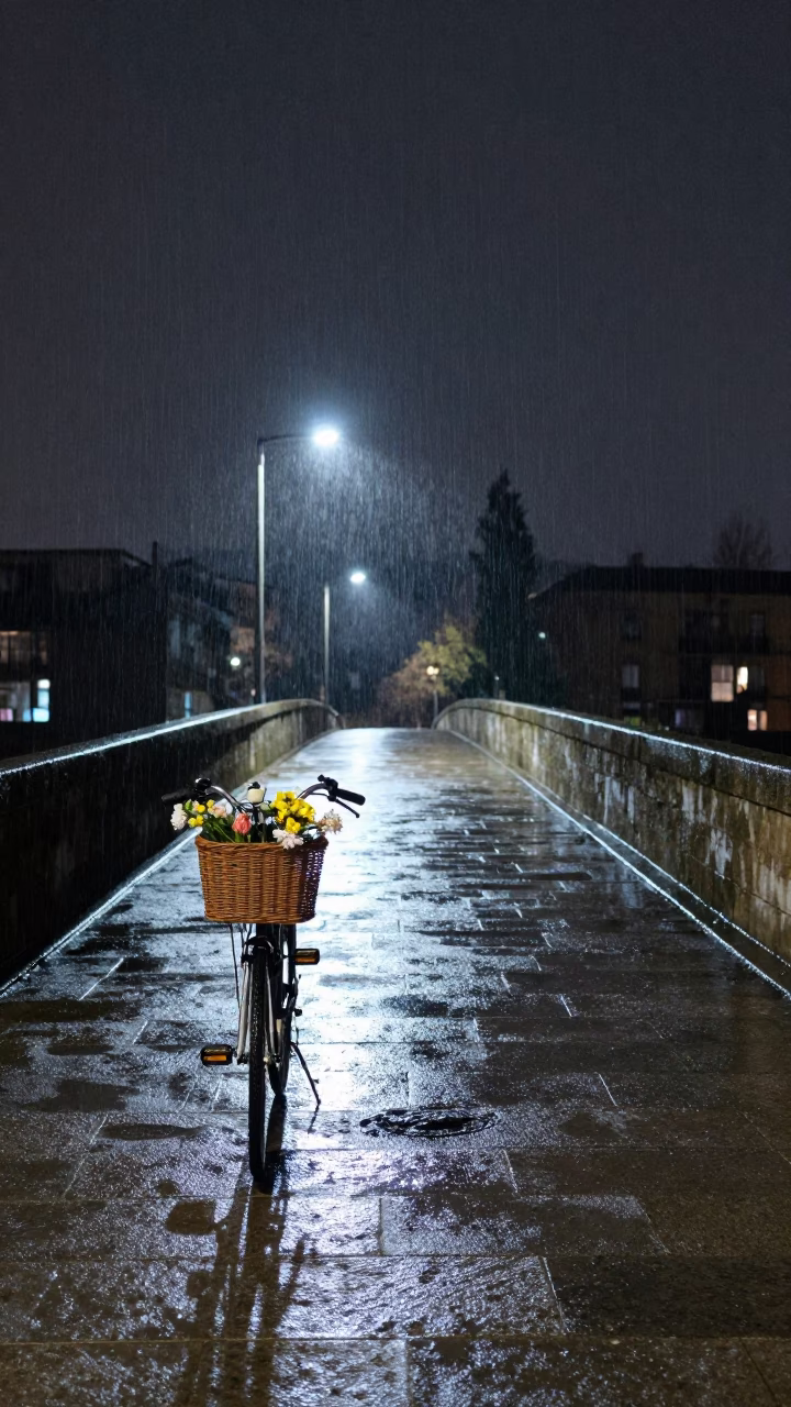Bicycle with Flowers on Wet Aragon Bridge at Night in in Aragon