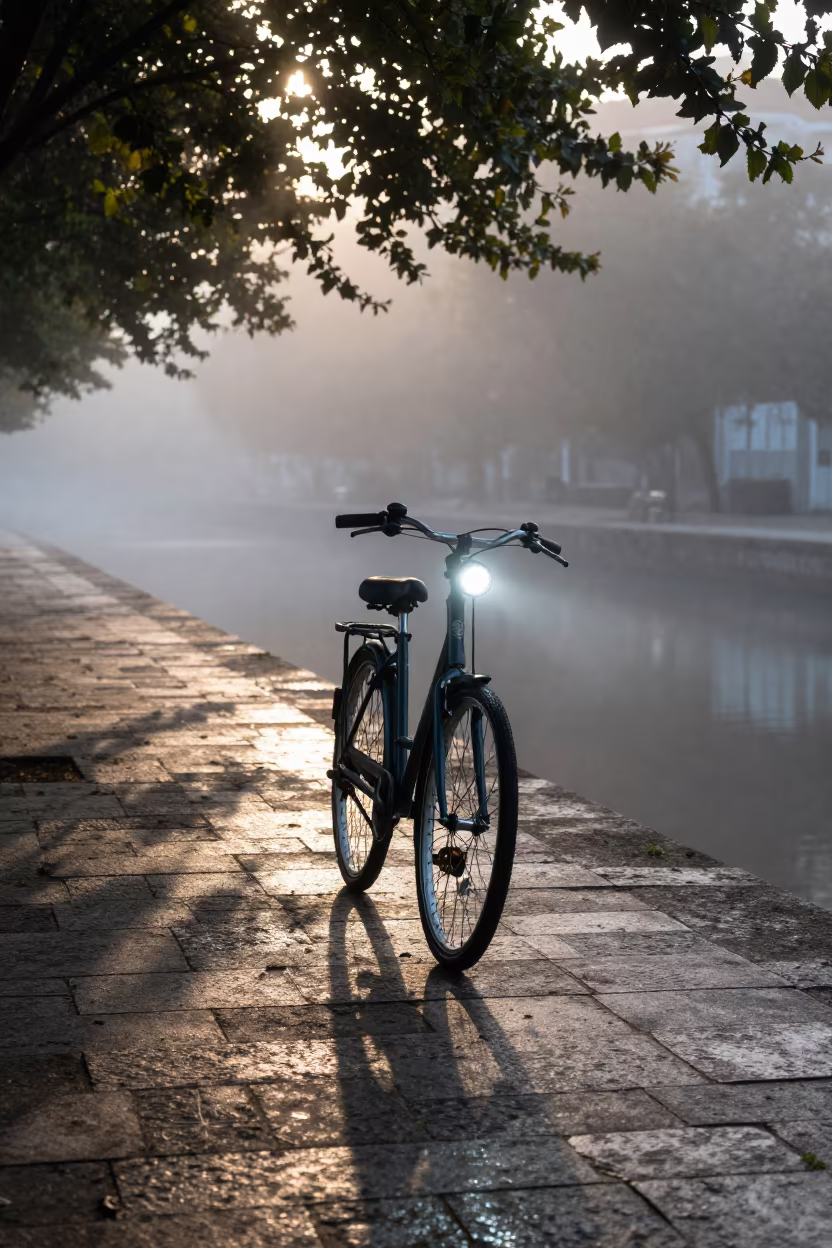 Bicycle Headlamp on Foggy Portugal Causeway in on a wind-open causeway in Portugal