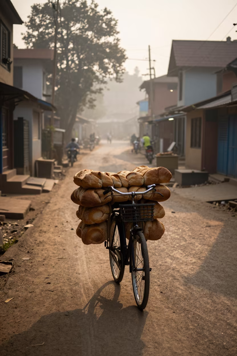 Bicycle Laden with Bread in Kathmandu Pre-Dawn in across a remote ferry crossing near Thamel, Kathmandu