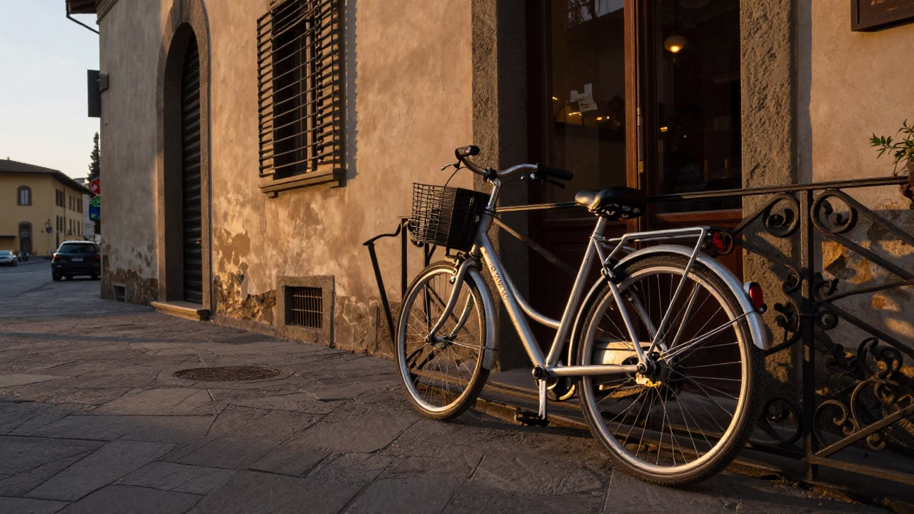 Bicycle Leaning Against a Cafe in Florence at First Light Dawn in in Florence, Italy