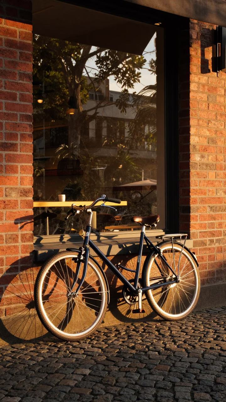 Bicycle Leaning Against Melbourne Cafe Window at Sunset with Brass Details in in Melbourne, Victoria, Australia