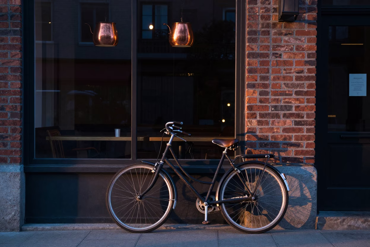Bicycle Leaning Against Montreal Cafe Before Sunrise with Copper Pots in in Montreal, Quebec, Canada
