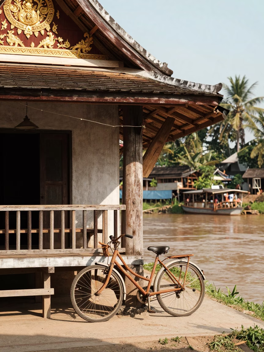 Bicycle Leaning Against Traditional Lao Cafe in Luang Prabang Midmorning Light in in Luang Prabang, Laos