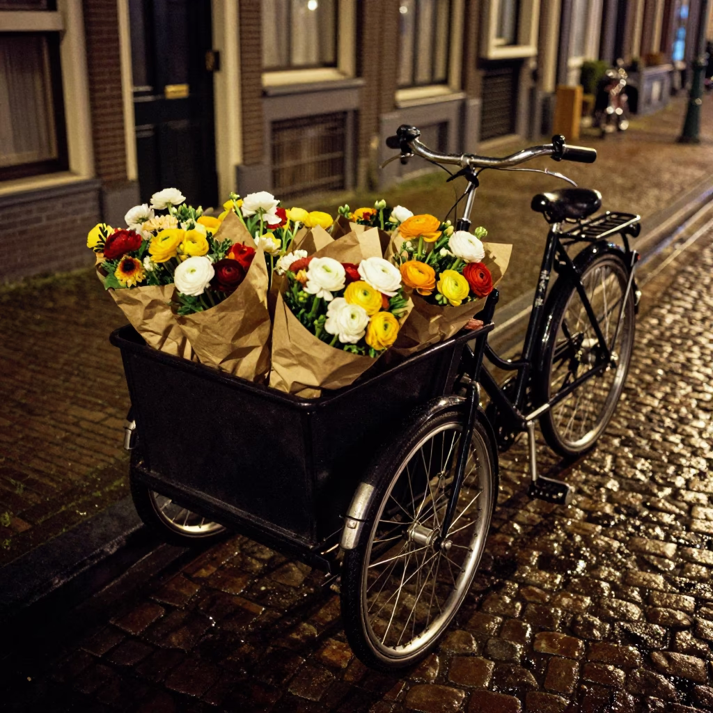 Bicycle Loaded in Amsterdam at Deep In The Night Light in in Amsterdam, Netherlands
